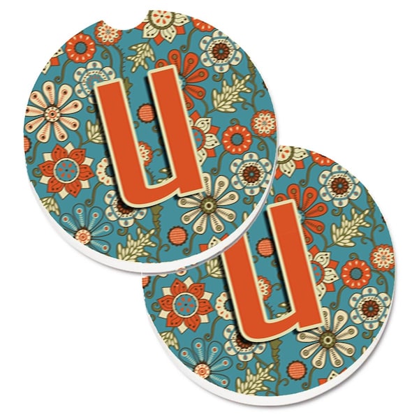 Carolines Treasures Letter U Flowers Retro Blue Set of 2 Cup Holder Car Coaster CJ2012-UCARC - main
